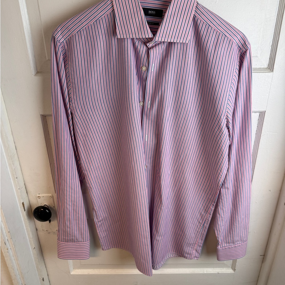 Hugo Boss “Sharp Fit” Dress Shirt – Size 16.5 (34/35) – Pink & Blue Stripe